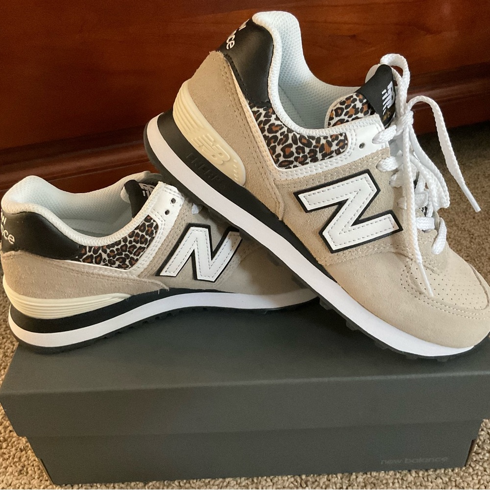 New Balance 574 Beige and Black Sneakers with Leopard Detail